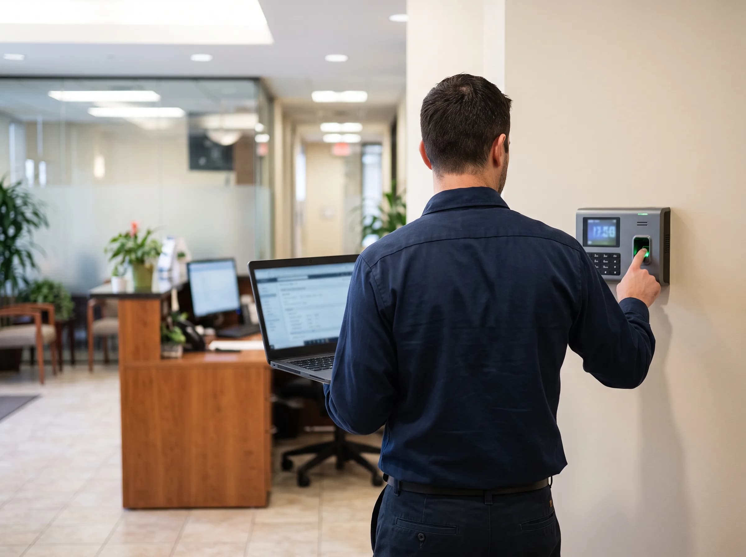 Técnico configurando um relógio de ponto com leitor biométrico na parede da recepção de uma empresa.