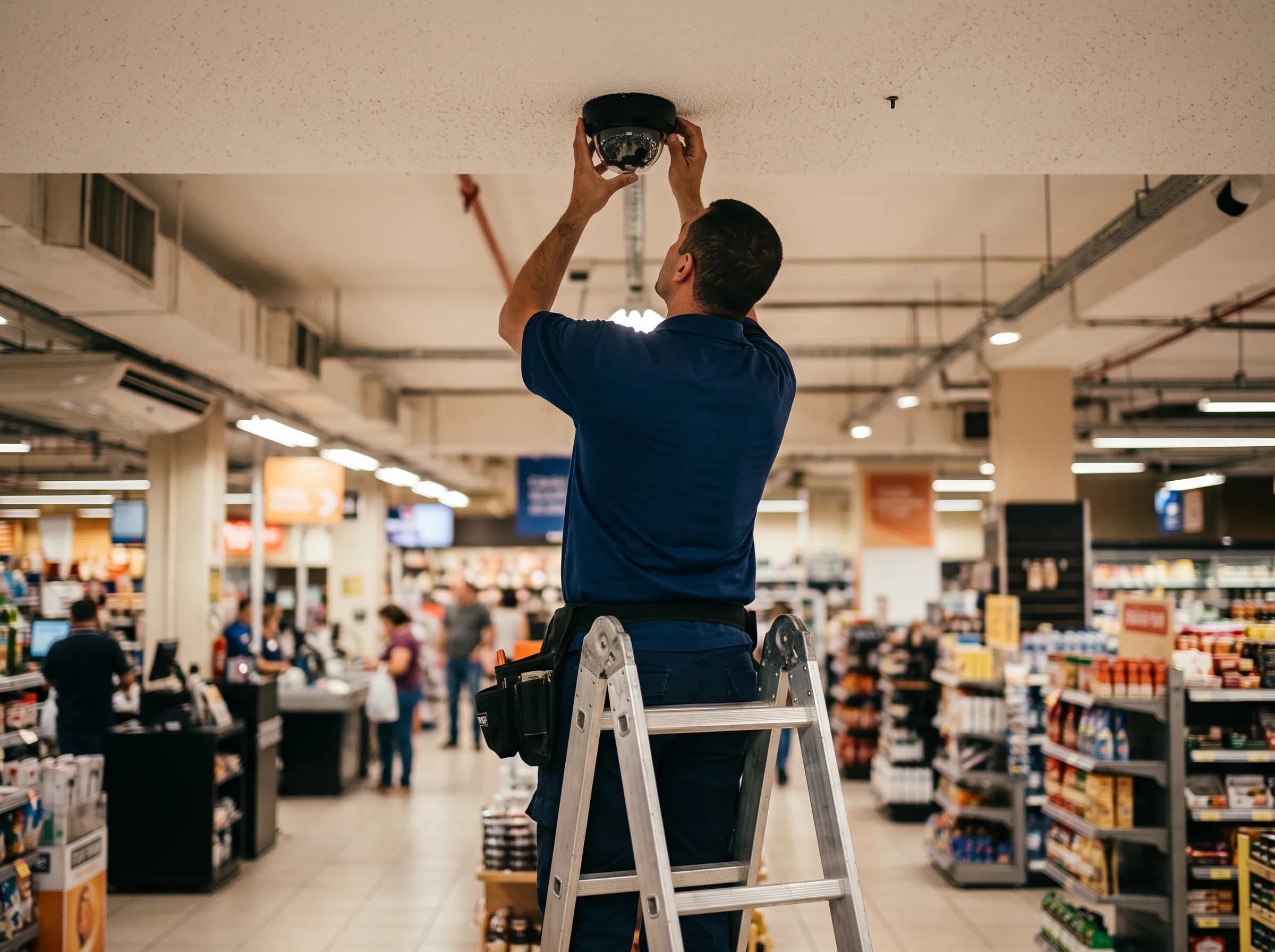 Técnico numa escada ajustando o ângulo de uma câmera dome recém-instalada no teto de um comércio.
