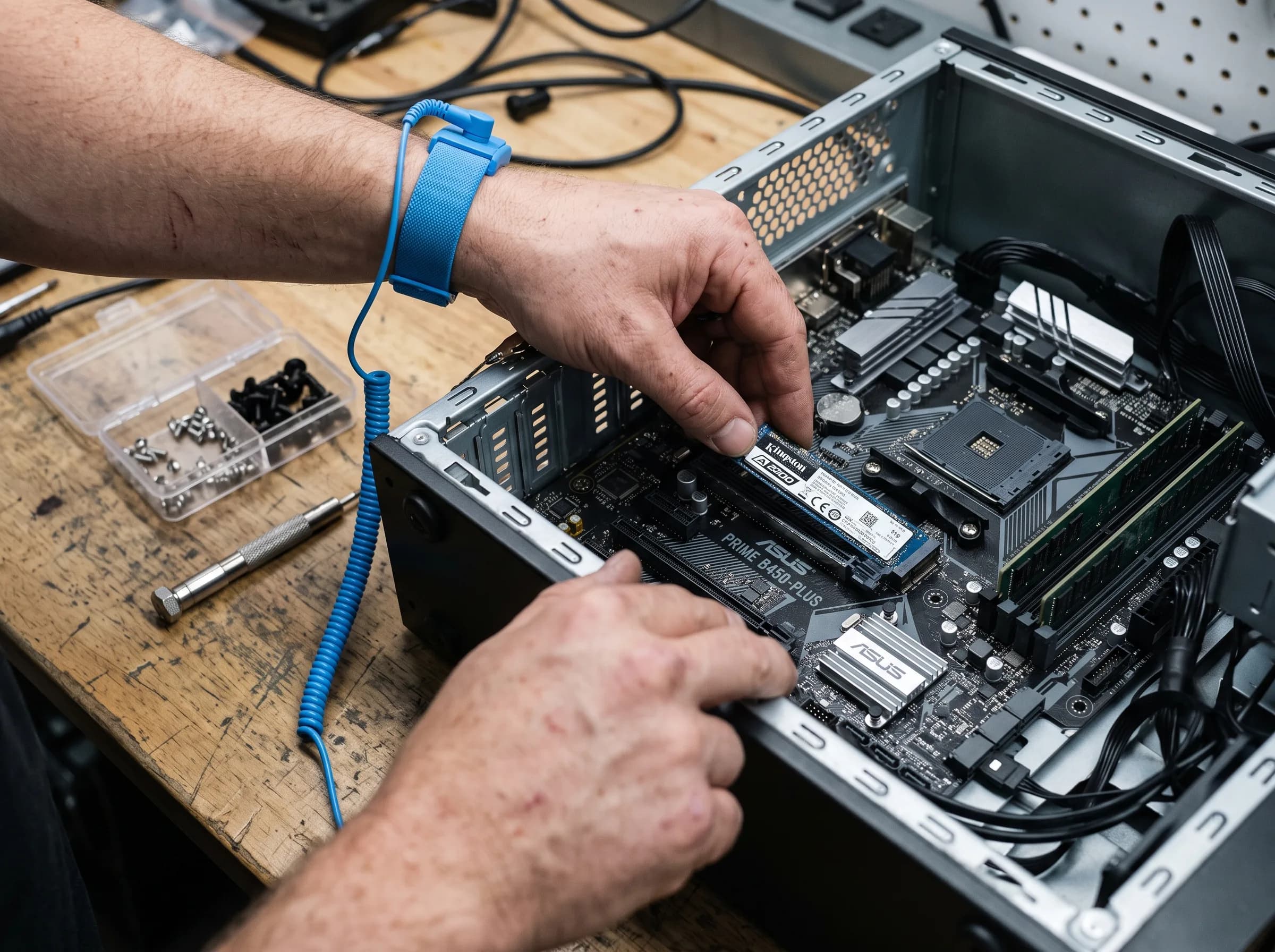 Mãos de um técnico com pulseira antiestática encaixando um SSD na placa-mãe de um computador aberto na bancada.