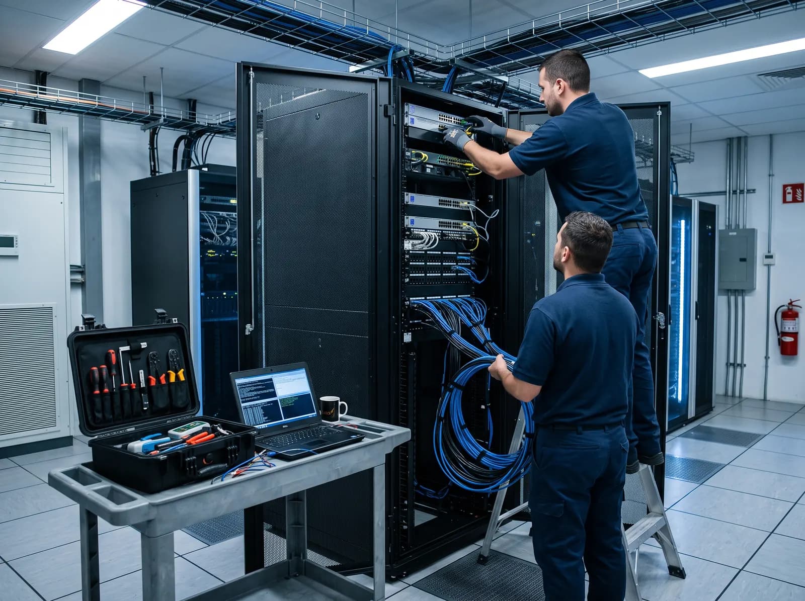 Dois técnicos trabalhando em um rack de rede aberto: um na escada conectando cabos no switch, outro organizando o feixe, com maleta de ferramentas e notebook de diagnóstico ao lado.